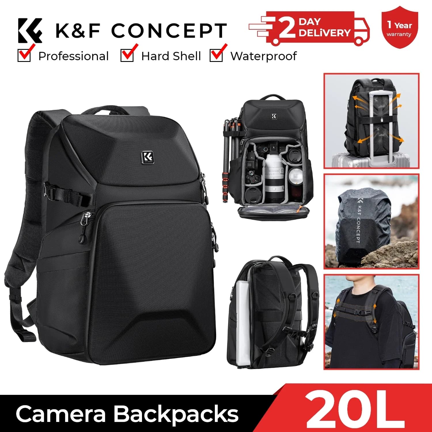K&F CONCEPT 20L Camera Backpack Waterproof Front HardShell / 15.6" Laptop / Tripod Compartment Shockproof Photography Camera Bag