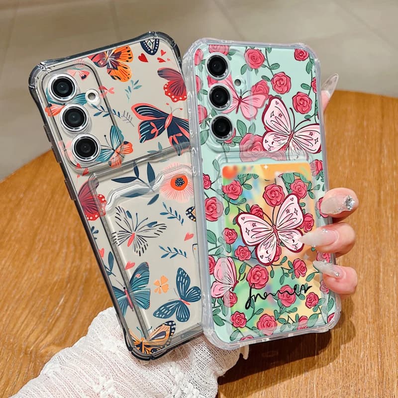 Flower Butterfly Pattern Clear Phone Case For Samsung Galaxy S26 S25 S24 S23 Ultra S22 Plus S25Edge S24 FE Card Bag Wallet Cover