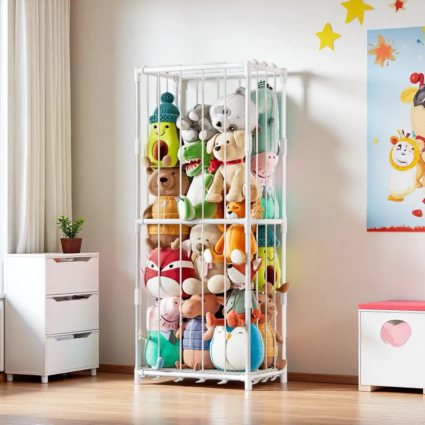 Vertical Stuffed Animal Storage Organizer Zoo Themed Plush Toy Display Rack Space-Saving Metal Frame Holder with Elastic Net Freestanding Corner Storage for Kids Playroom Nursery Bedroom Baby Room Organization