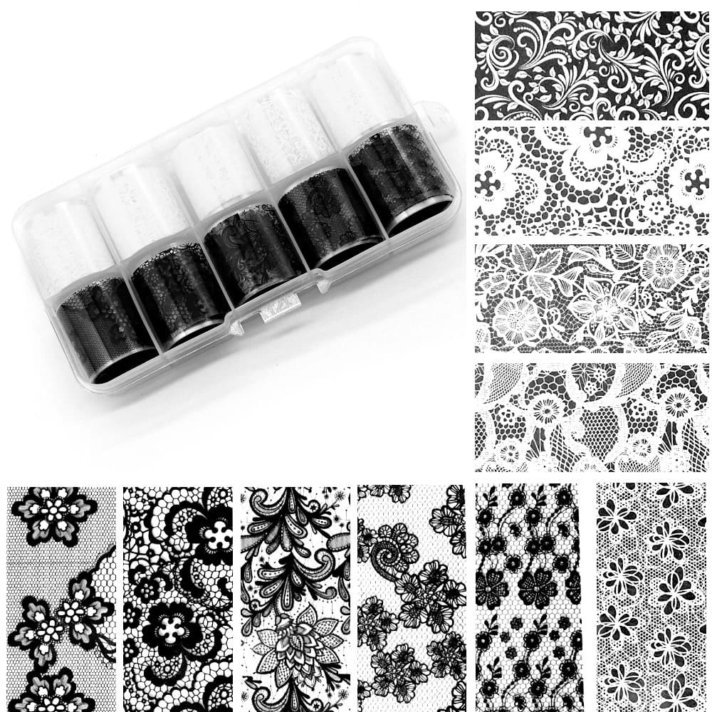 10 Rolls 2.5*50cm New Black White Lace Transfer Foil Nail Art Sexy Full Wraps Flower Glue Adhesive DIY Manicure Styling Tools