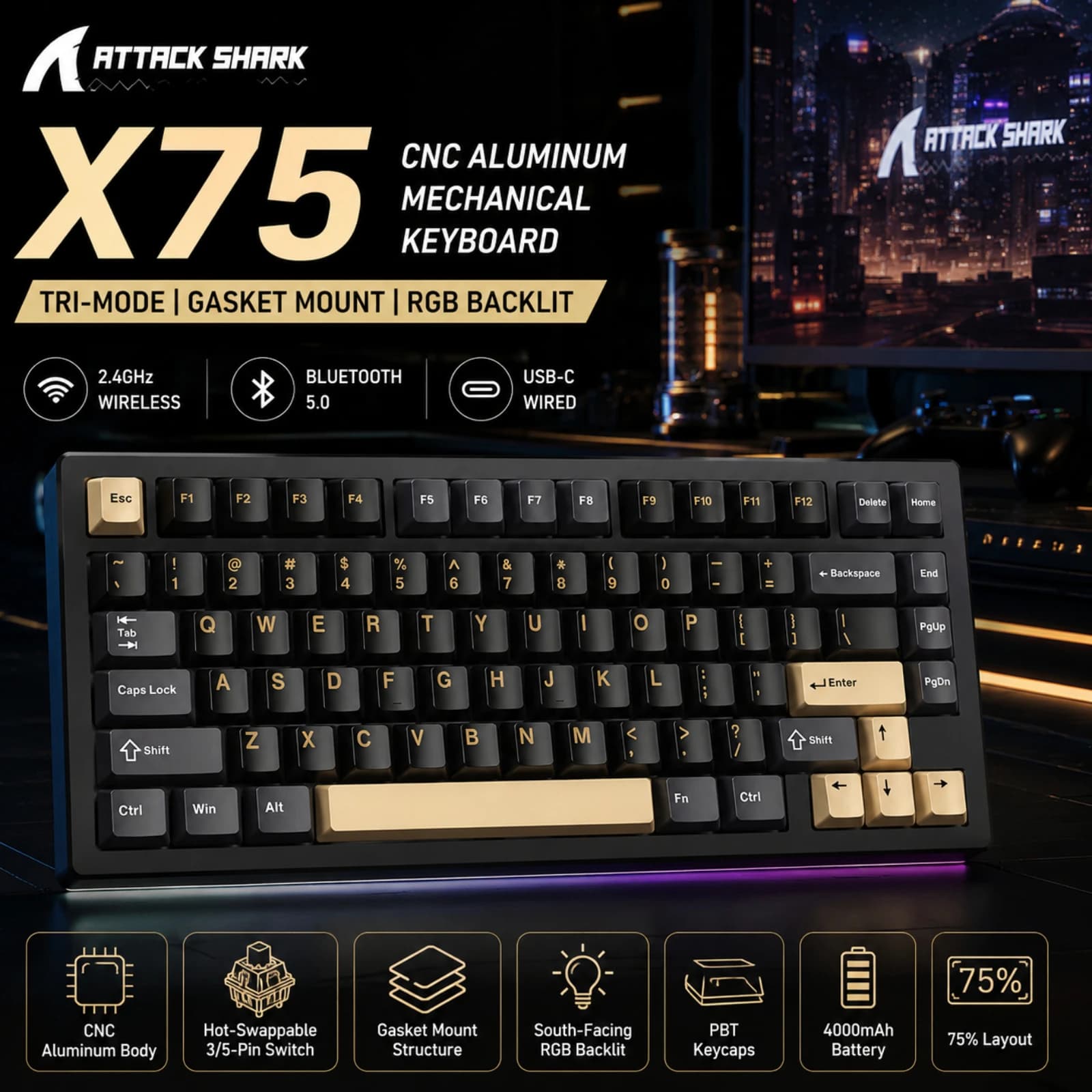 ATTACK SHARK X75 75% Wireless Mechanical Keyboard | Full Aluminum & Gasket Mount | VIA & RGB | Hot-Swappable|4000mAh Battery
