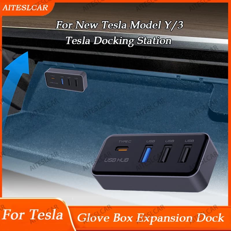 Docking Station USB Hub 4-in-1 for Tesla Model 3 Model Y Glovebox for Dashcam Flash Drive Charger Data Transfer Games Music
