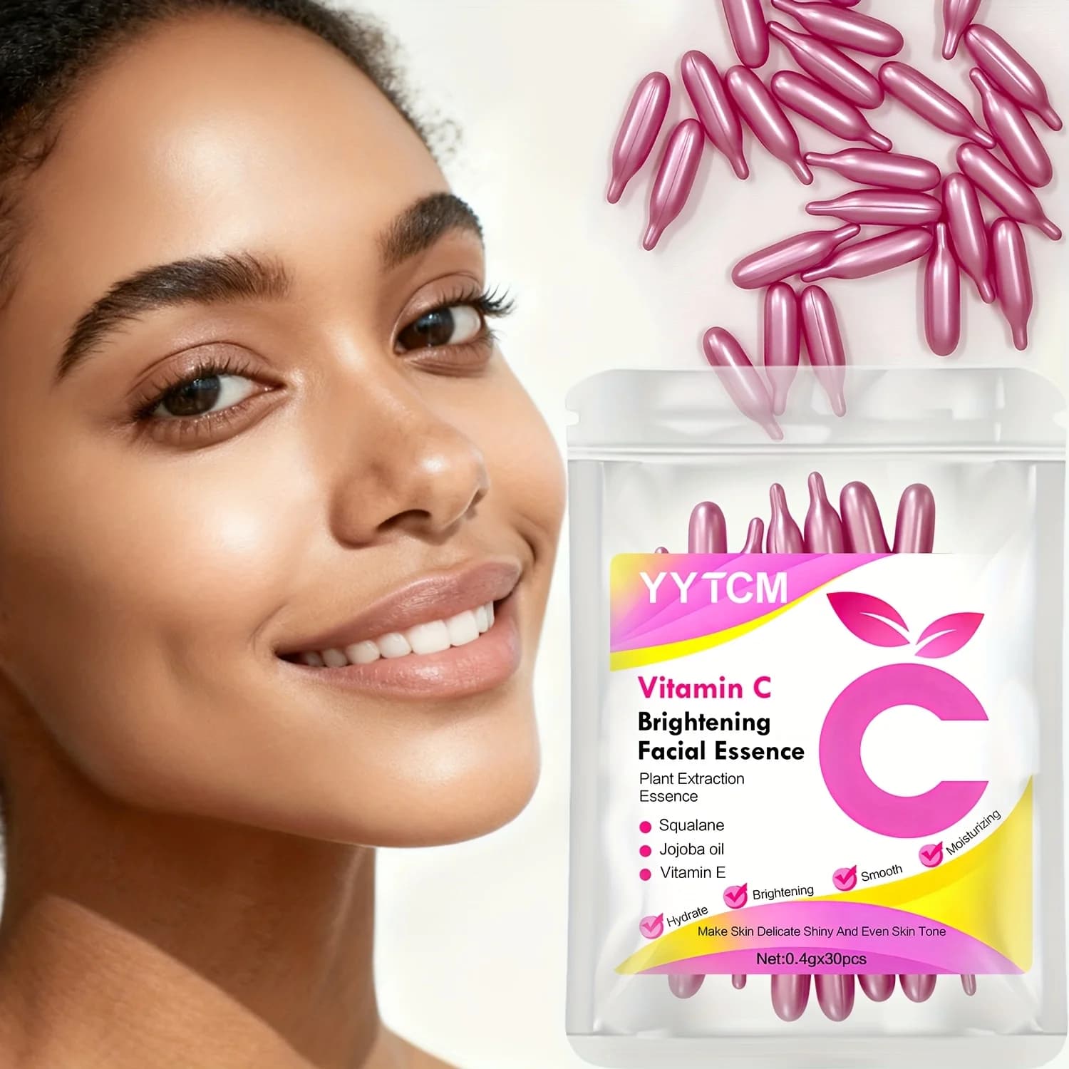 Vitamin C Skin-Brightening and Moisturizing Capsule Essence, Hydrates and Smooths the Skin, Contains Plant-Based Squalane, Vitamin E, Magnolia Oil, and Jojoba Seed Oil for Deep Hydration and Skin Brightening Essence (0.4Gx30 Capsules)/Bag-1 Bag