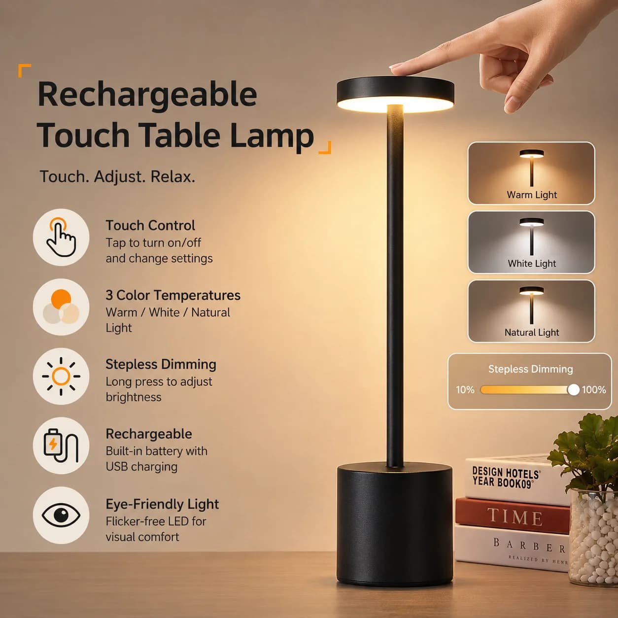 Rechargeable Table Lamp Cordless LED Touch Desk Lamp 3 Color Dimmable Portable Bedside Light for Bedroom Restaurant Office Decor
