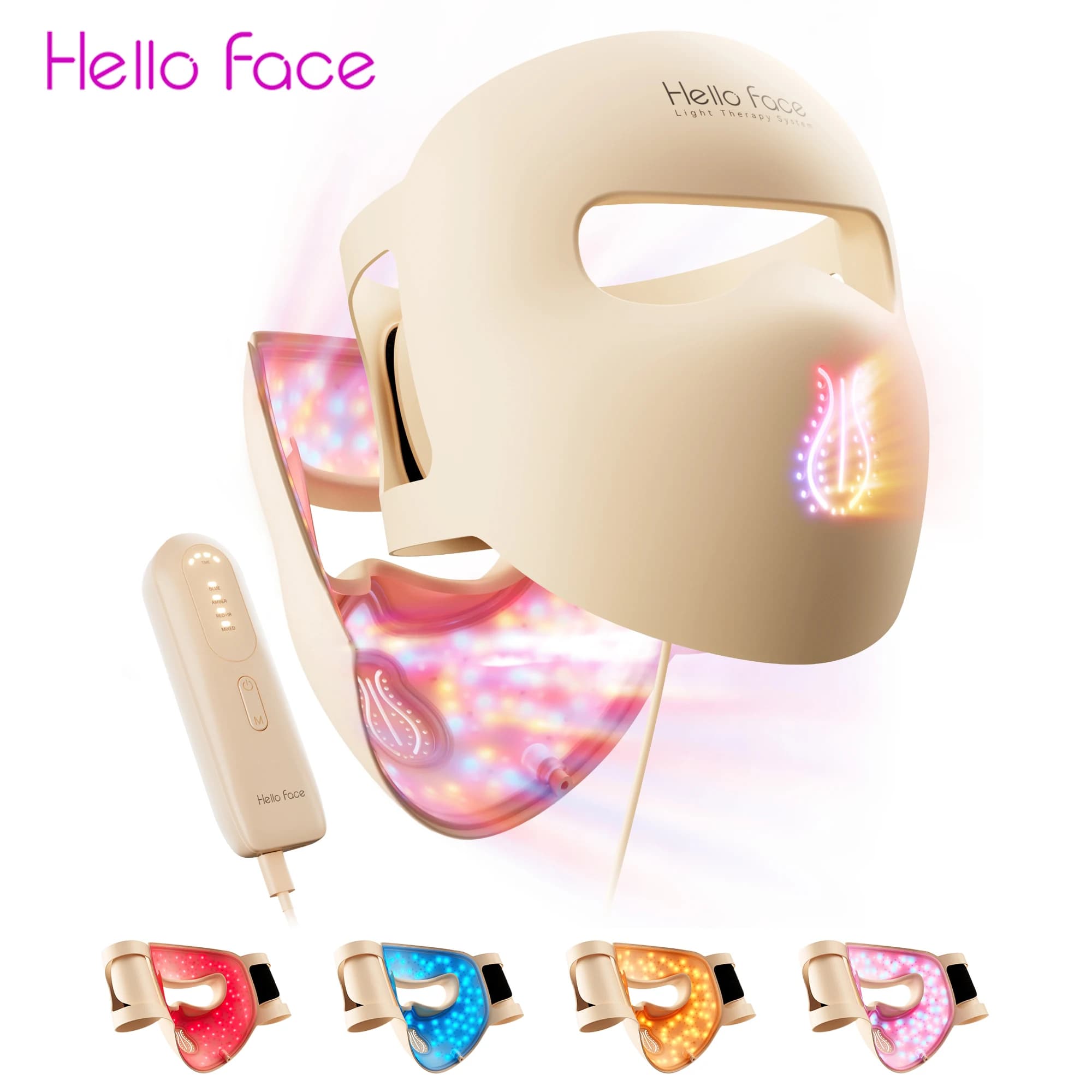 Hello Face M300 4D LED Light Therapy Mask 311 LEDs, 4 Modes, Anti-Aging & Acne Care, Ergonomic Silicone Design, Visual Comfort