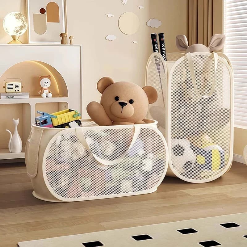 Foldable Mesh Toy Storage Basket, Large Breathable Mesh Laundry Hamper with Handles, Vertical & Horizontal Dual Styles Kids Toy