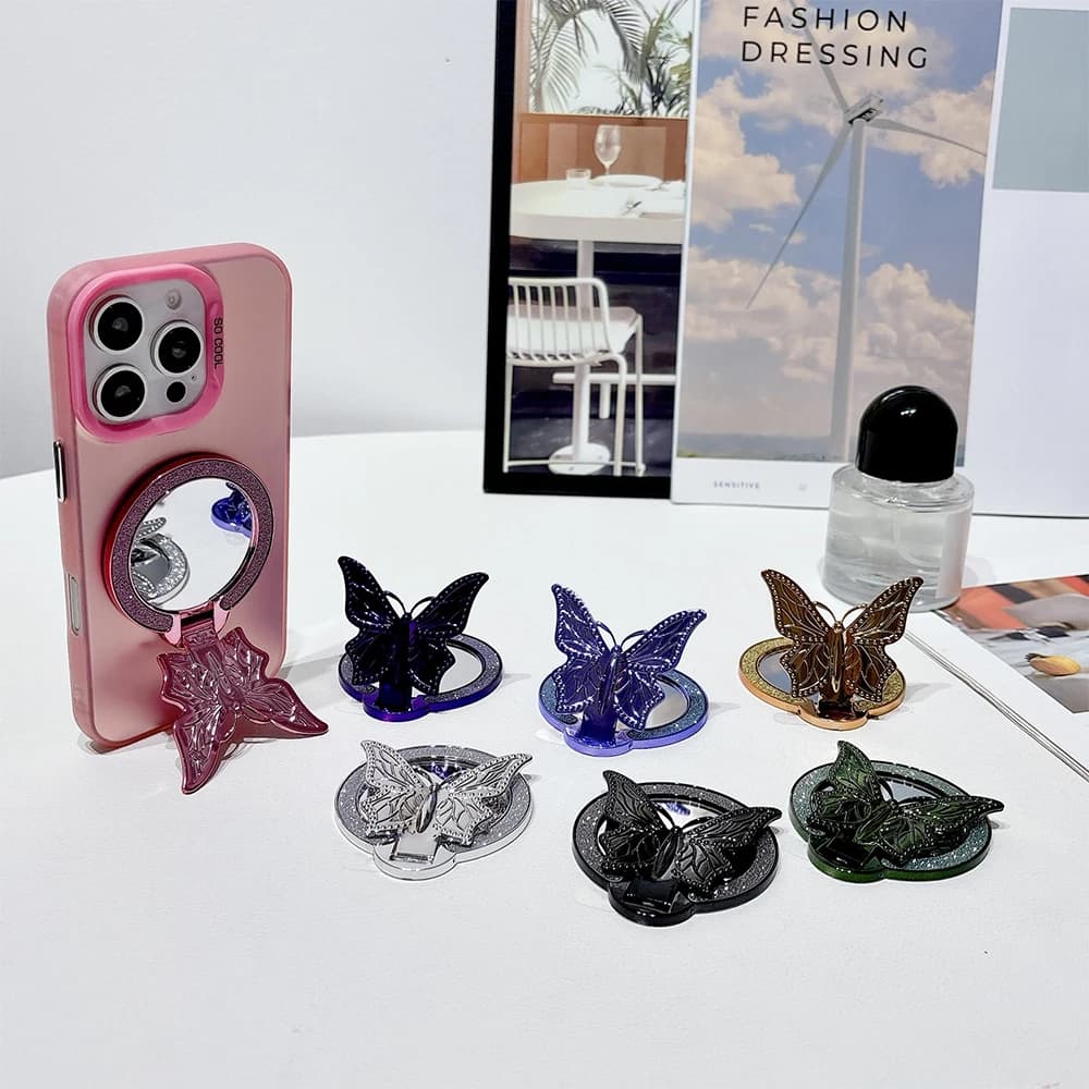 Universal Phone Kickstand Glitter Butterfly Mobile Phone Holder Ring Grip Round Mirror Mount Stand for iPhone Samsung Xiaomi
