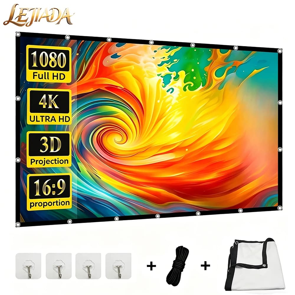 LEJIADA 16:9 High Density Projector Screen White Black Border With Holes Anti-Crease Portable Foldable Outdoor Movie 60-200 inch