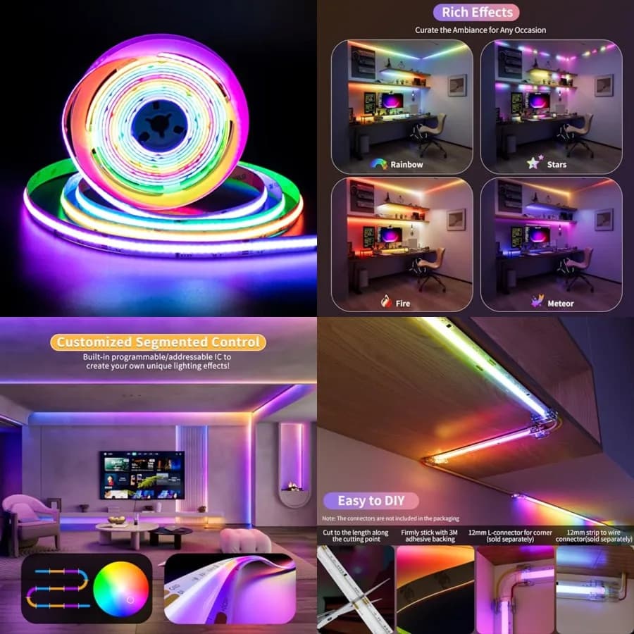 RGB Smart IC COB LED Strip Light Addressable/7.5m, UL-Listed DC24V Color Flowing Strip Light Multicolor Flexible Tape Lights fo
