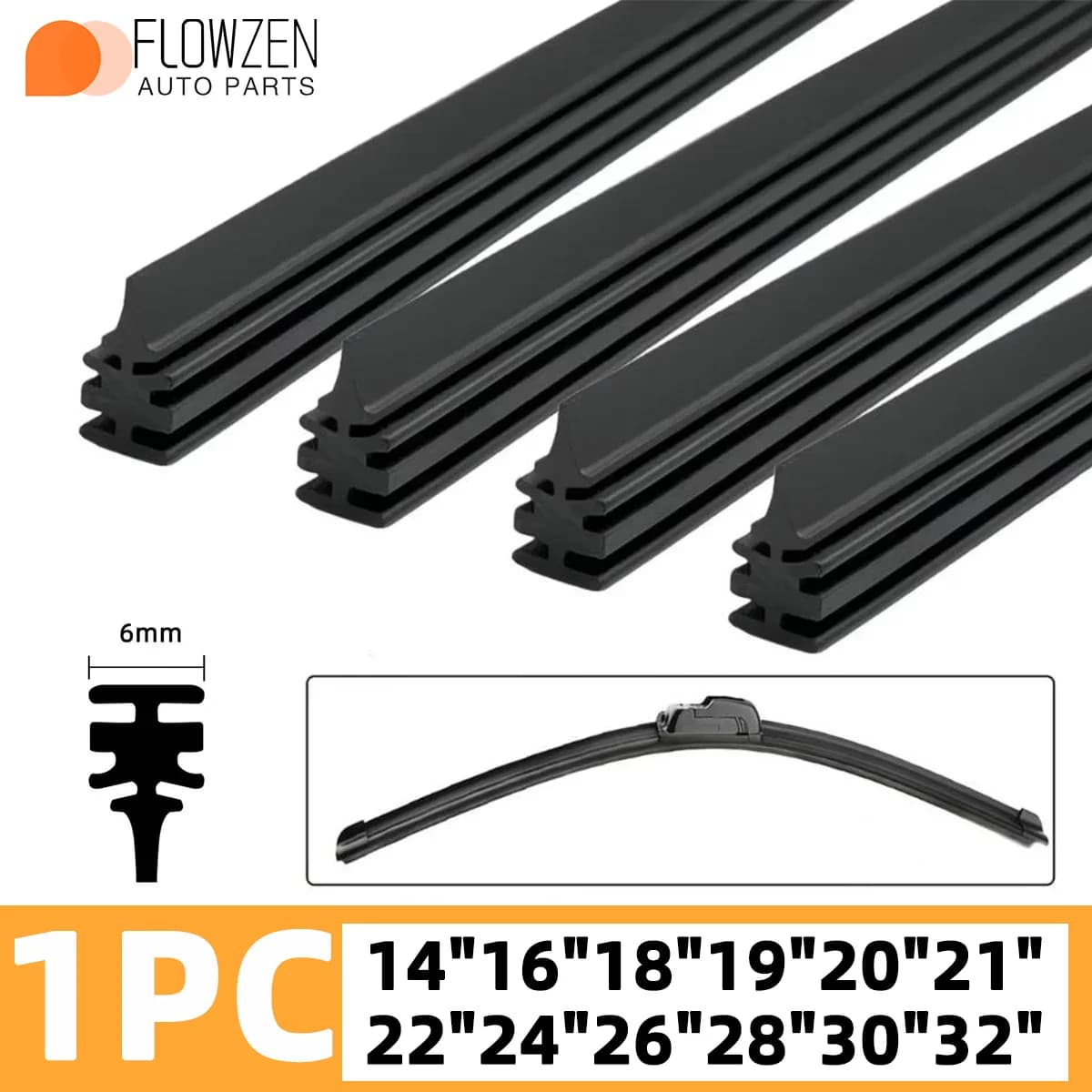 1pc Rubber Strip Universal 6mm Car Windshield Wiper Rubber Strip 14 "16" 18 "19" 20 "22" 24 "26" 28 "30" 32 "Natural Rubber
