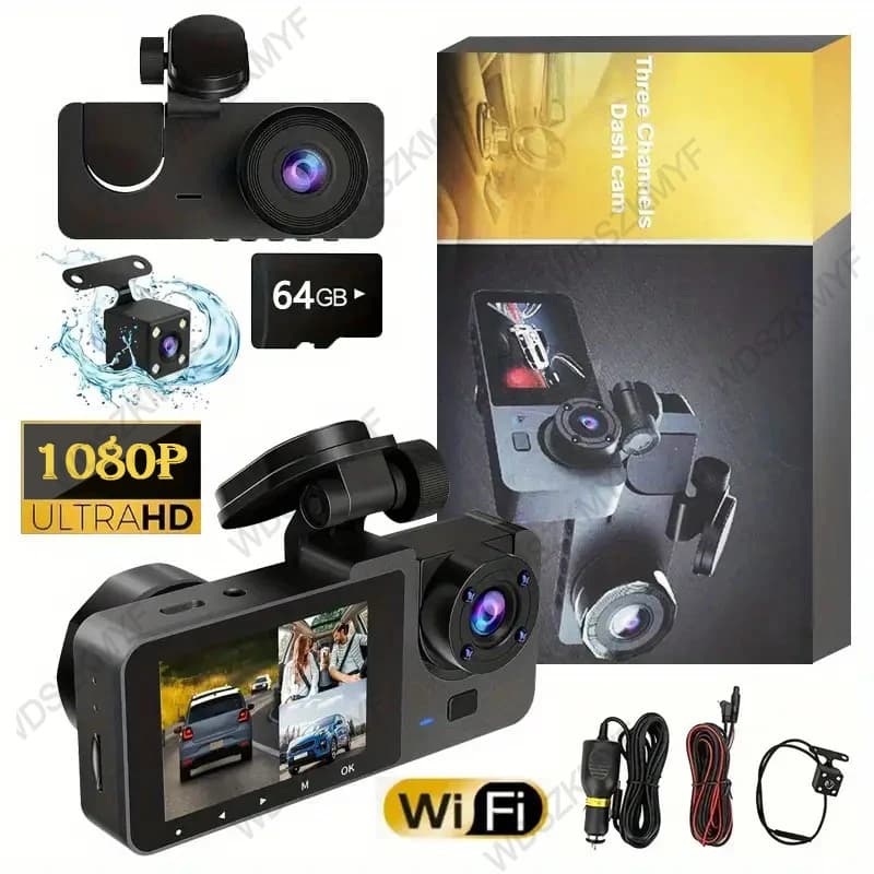 2/3 Channel Dash Cam, 1080P FHD Front and Rear Inside Car Camera, WiFi APP Control, Night Vision, Parking Mode, Car accessory