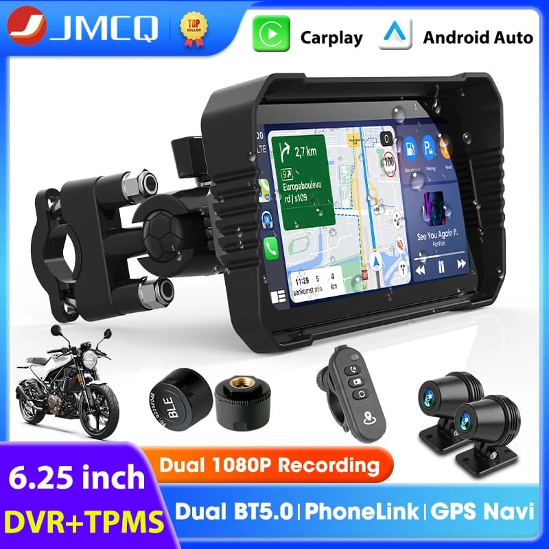 6.25 inch Carplay Screen Motorcycle GPS Navigation DVR Dual Cameras Drive Recorder IPX7 Waterproof Moto Monitor Support TPMS