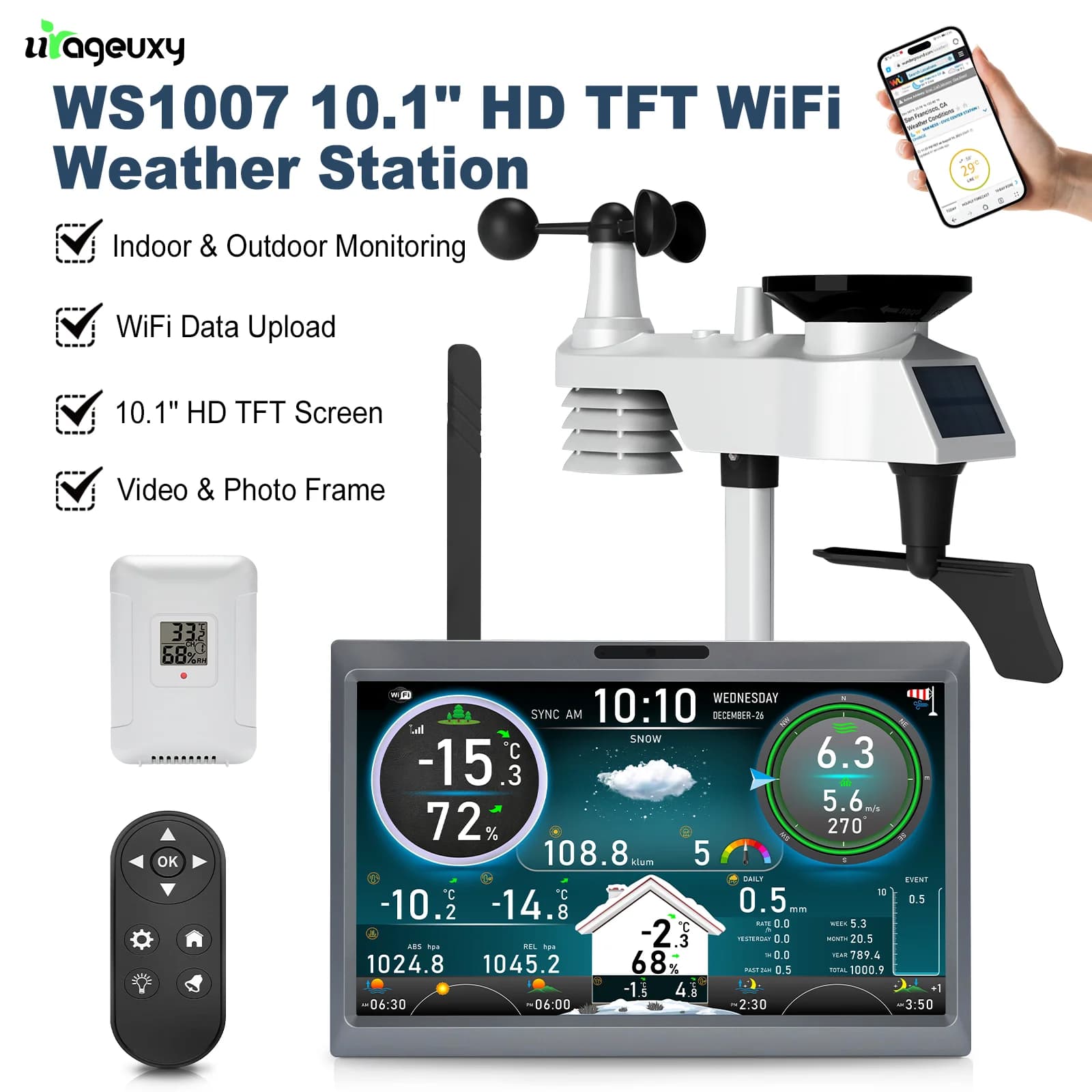 10.1" HD TFT WiFi Weather Station 7-in-1 Outdoor Sensor Indoor/Outdoor Monitoring, Smart Home Remote Control Video/Photo Frame