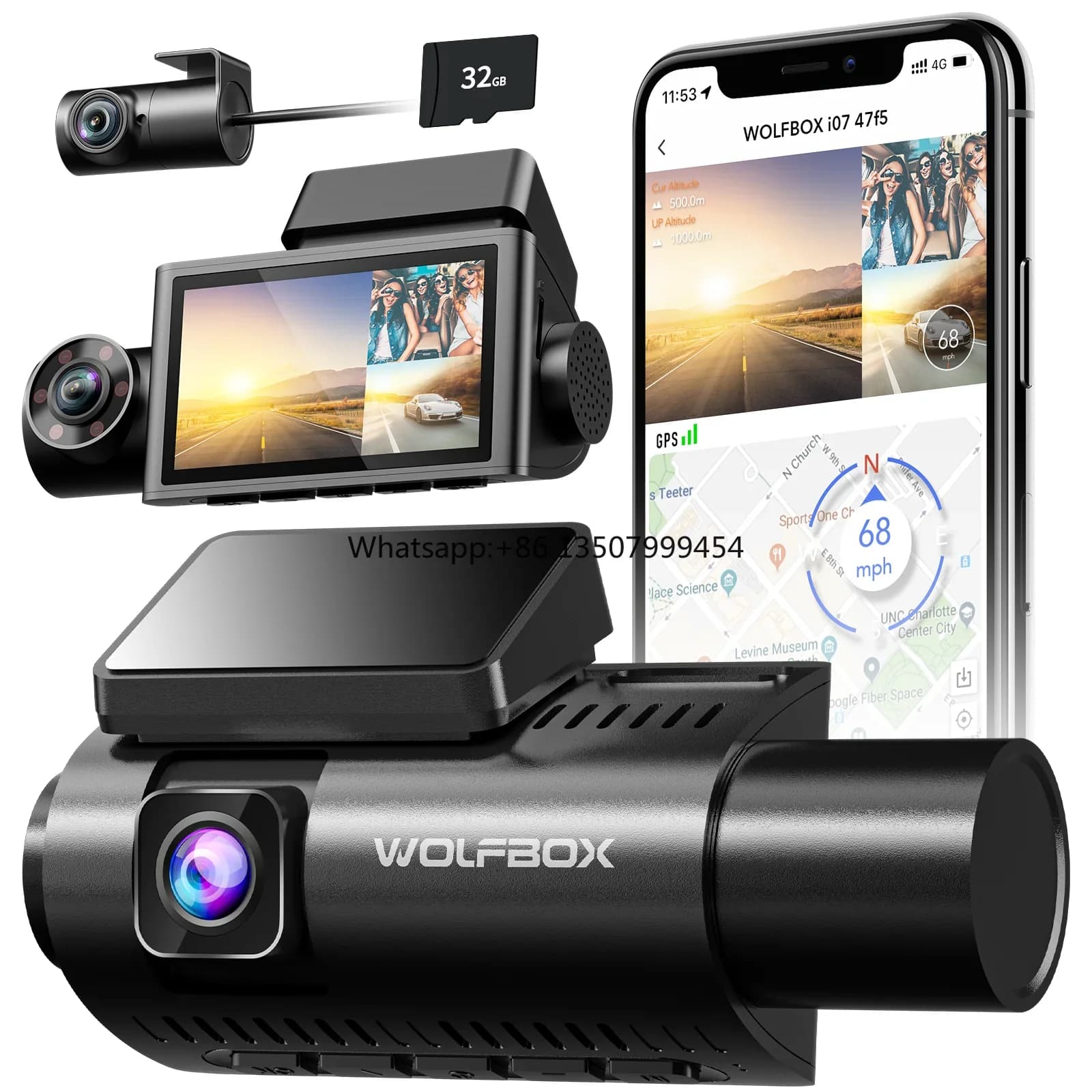 Wolfbox I07 4k Front and Inside Camera 3 Channel 1080p Way Car Dash Cam Black Box  With GPS and WiFi