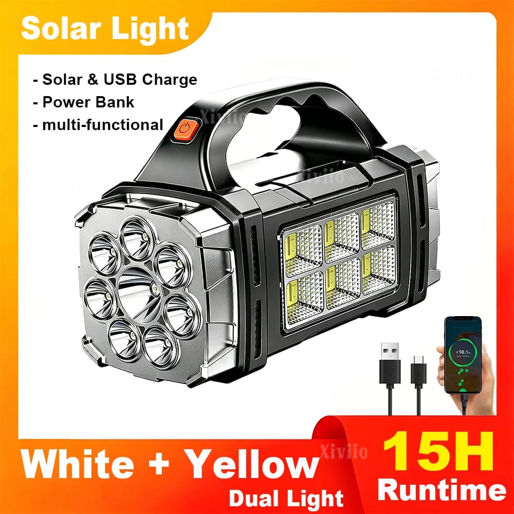 New Upgrade High Power LED Solar Flashlights Multifunctional Rechargeable Portable Torch with COB Side Lamp for Outdoor Walking