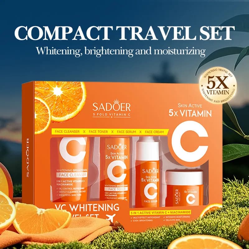 4pcs/box SADOER 5x Vitamin C Kit Whitening Moisturizing Travel Set(Facial Cleanser, Toner, Serum, Face Cream）
