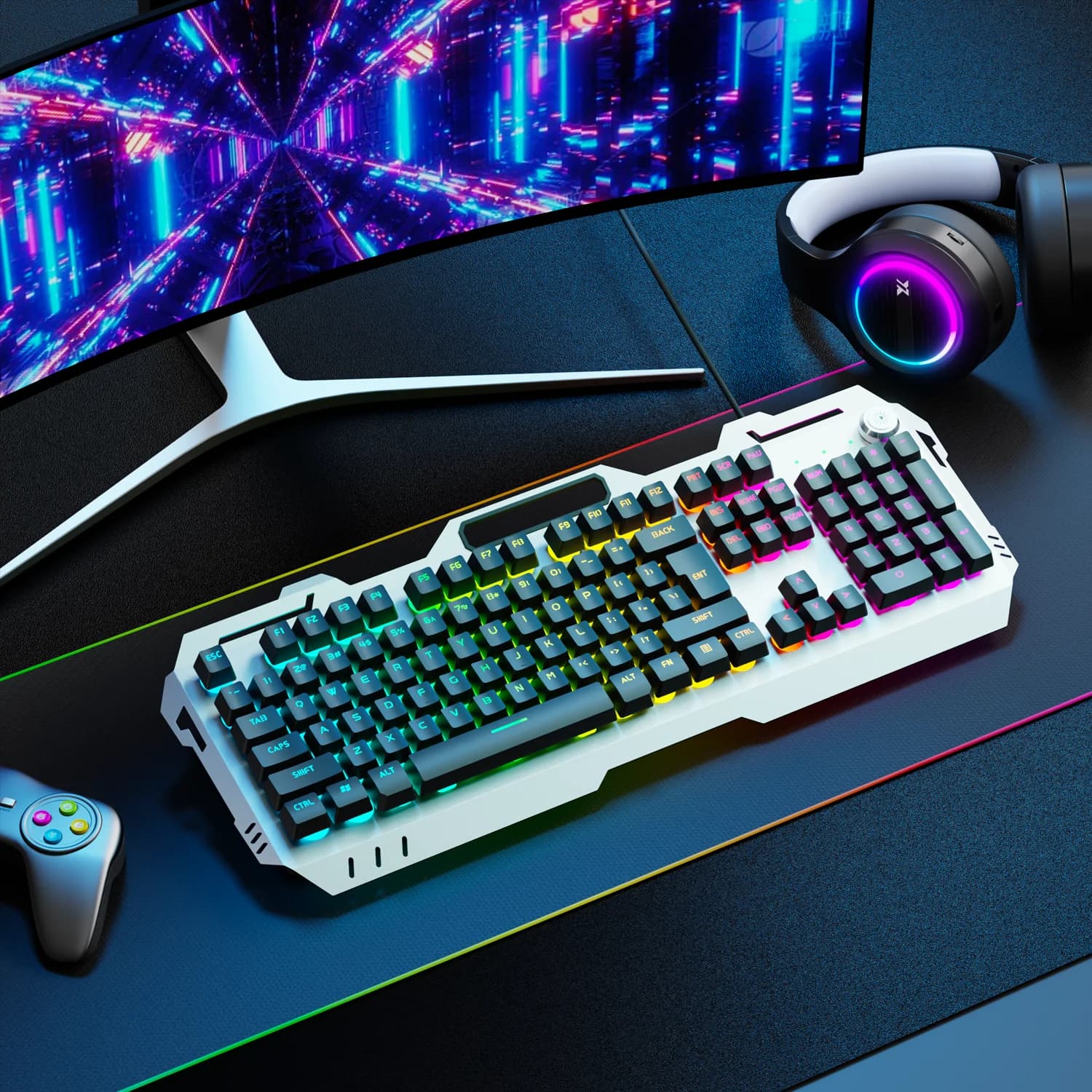 EWEADN Silent Gaming Keyboard, 104 Keys LED Backlit, All-Metal Panel USB Wired, Multimedia Knob, Office, Home, Laptop/Desktop