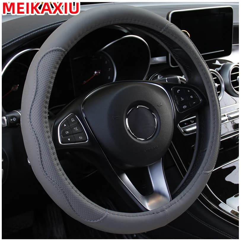 38cm PU Fiber Leather Steering Wheel Cover Embossed Style round Car Decorations Accessory with Inner Ring for All Seasons