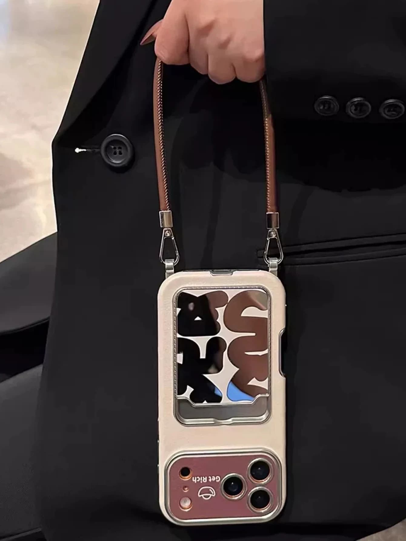 Luxury Leather Mirror Card Holder Phone Case With Wrist Strap For iPhone17 16 15 14 13 12 11 Pro Max Get Rich Protective Cover