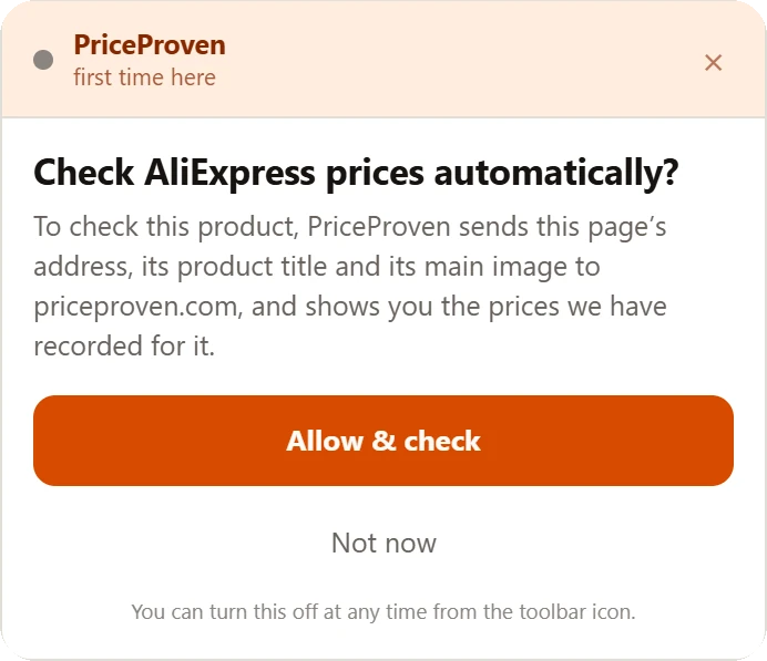 PriceProven panel — It asks first: “Check AliExpress prices automatically?”
