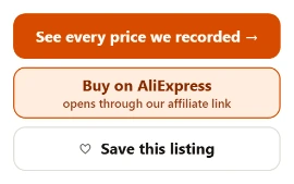 The three buttons in the record card: See every price we recorded, Buy on AliExpress with the line “opens through our affiliate link”, and Save this listing.