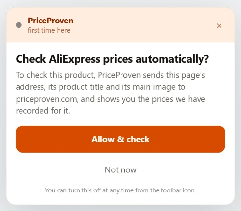 The card the extension shows the first time: “Check AliExpress prices automatically?”, with the buttons Allow & check and Not now.